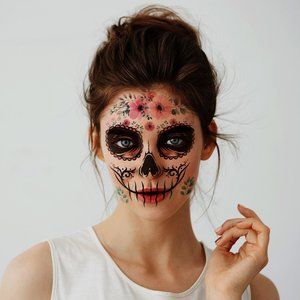 Supperb Halloween Face Tattoo Day of the Dead Sugar Skull Wildflower Face Tattoo